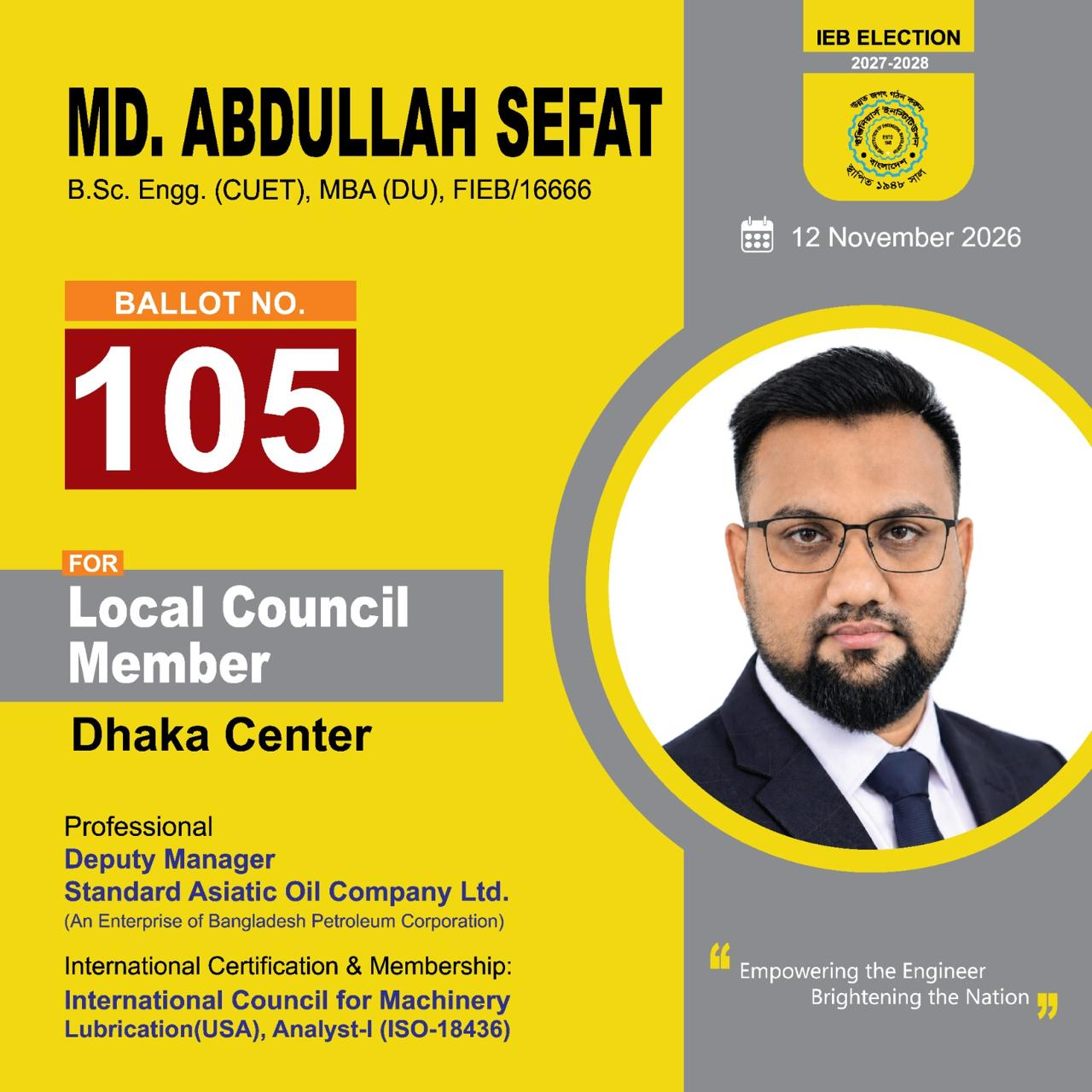 Original IEB election campaign poster for Engr. Md. Abdullah Sefat, ballot number 105, Local Council Member, Dhaka Centre
